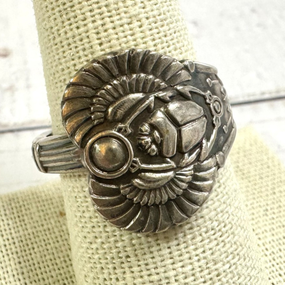 Vtg Egyptian Revival Scarab Beetle Spoon Ring Silverplate Sz 8 Overlap Art Deco